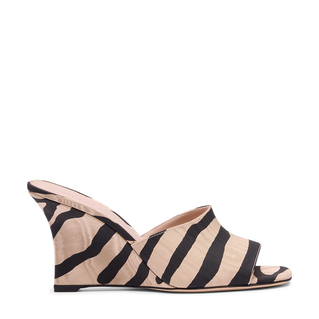 The Vinnie Wedge Mule Slide 85 in Zebra-Print Moire Fabric 